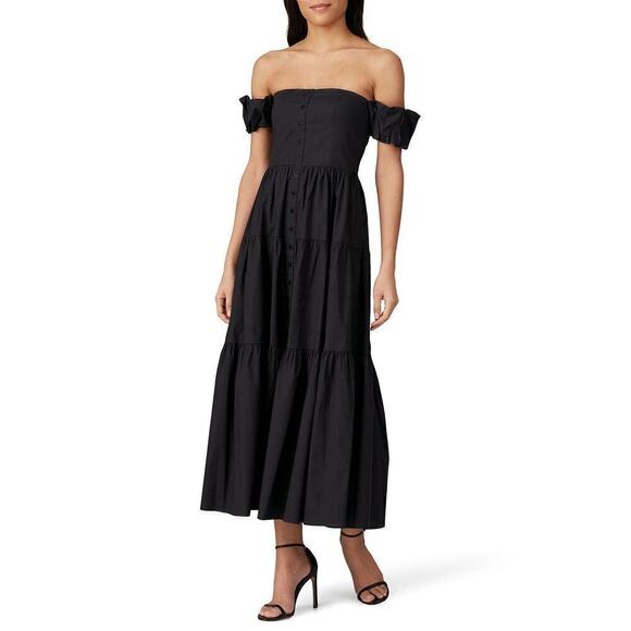 Staud Elio Dress Off The Shoulder Midi Black Cotton Size 10 - Picture 2 of 11